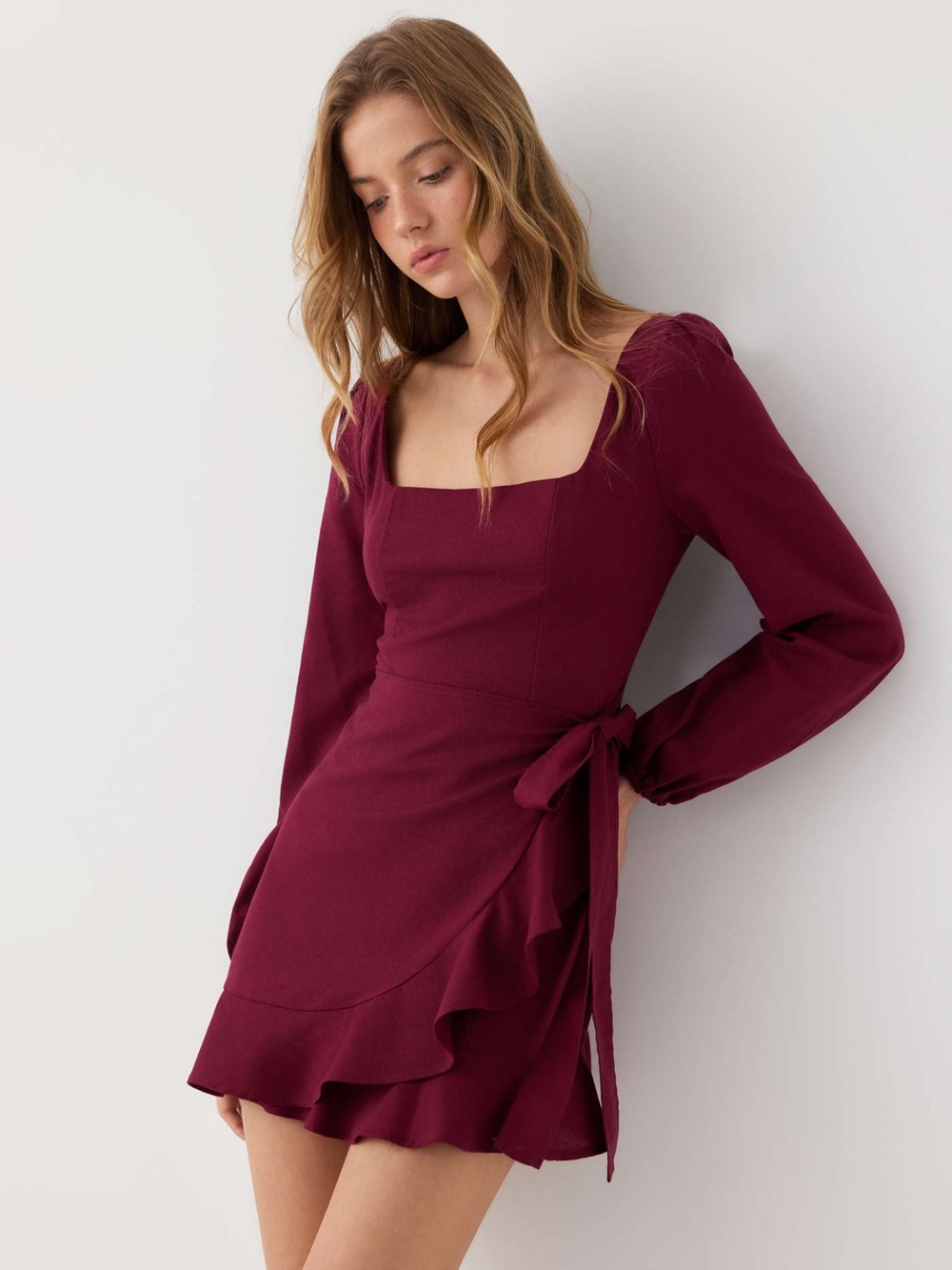 Cider Burgundy Long-Sleeve Square-Neck Mini Dress